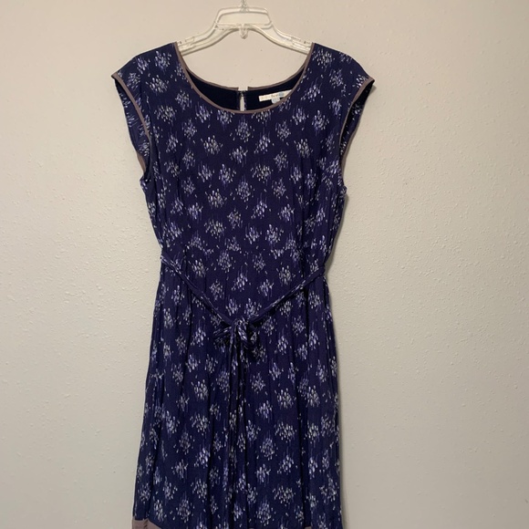 Boden A Line Dress US 14L Tie Waist Navy Blue Tan Trim Cap Sleeves Floral - Picture 3 of 8